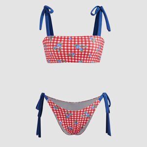 Square Neck Check Cherry Graphic Knotted Bracelet Tie Side Bikini Swimsuit